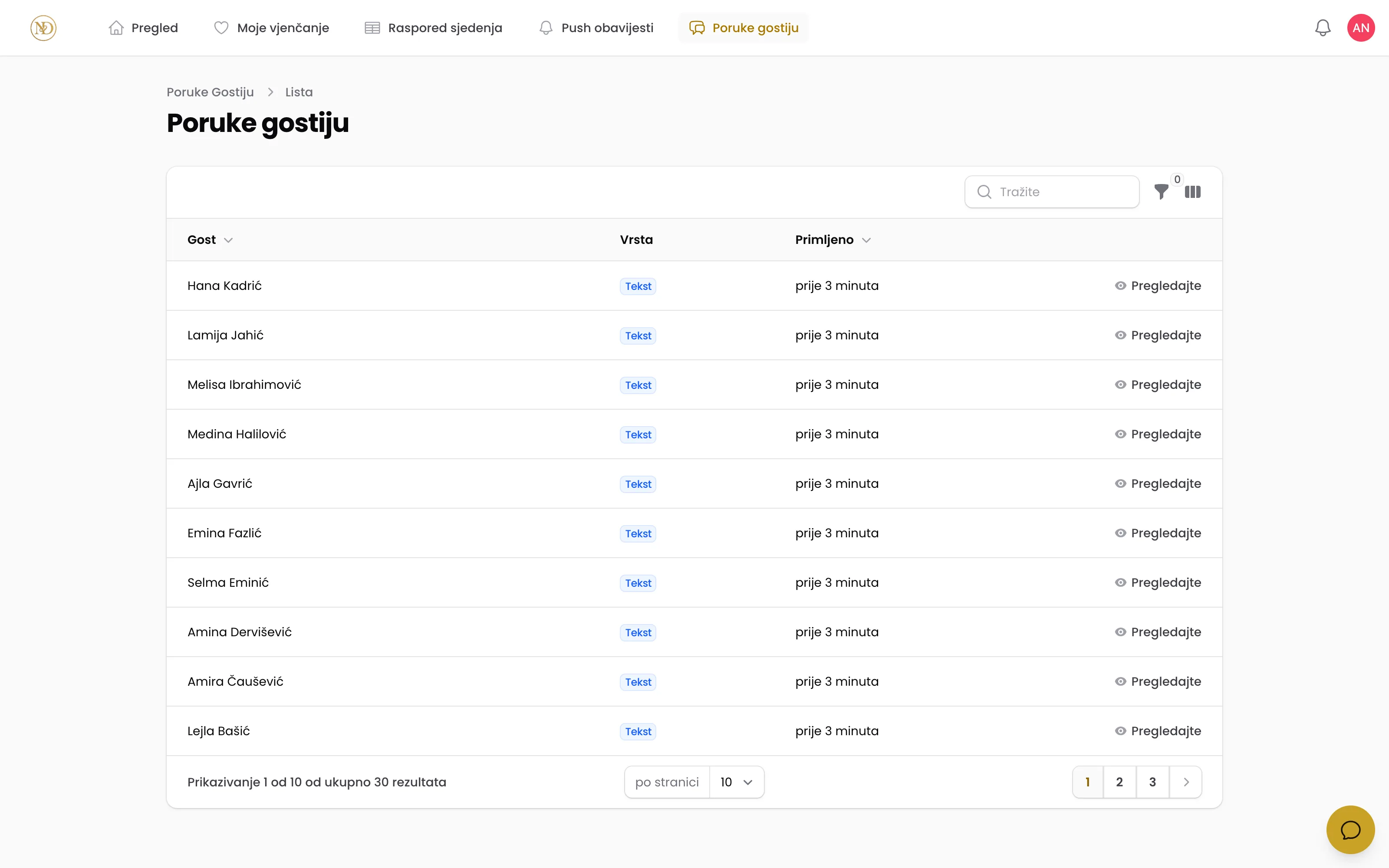 Screenshot sandučeta poruka gostiju u Nuptoria panelu