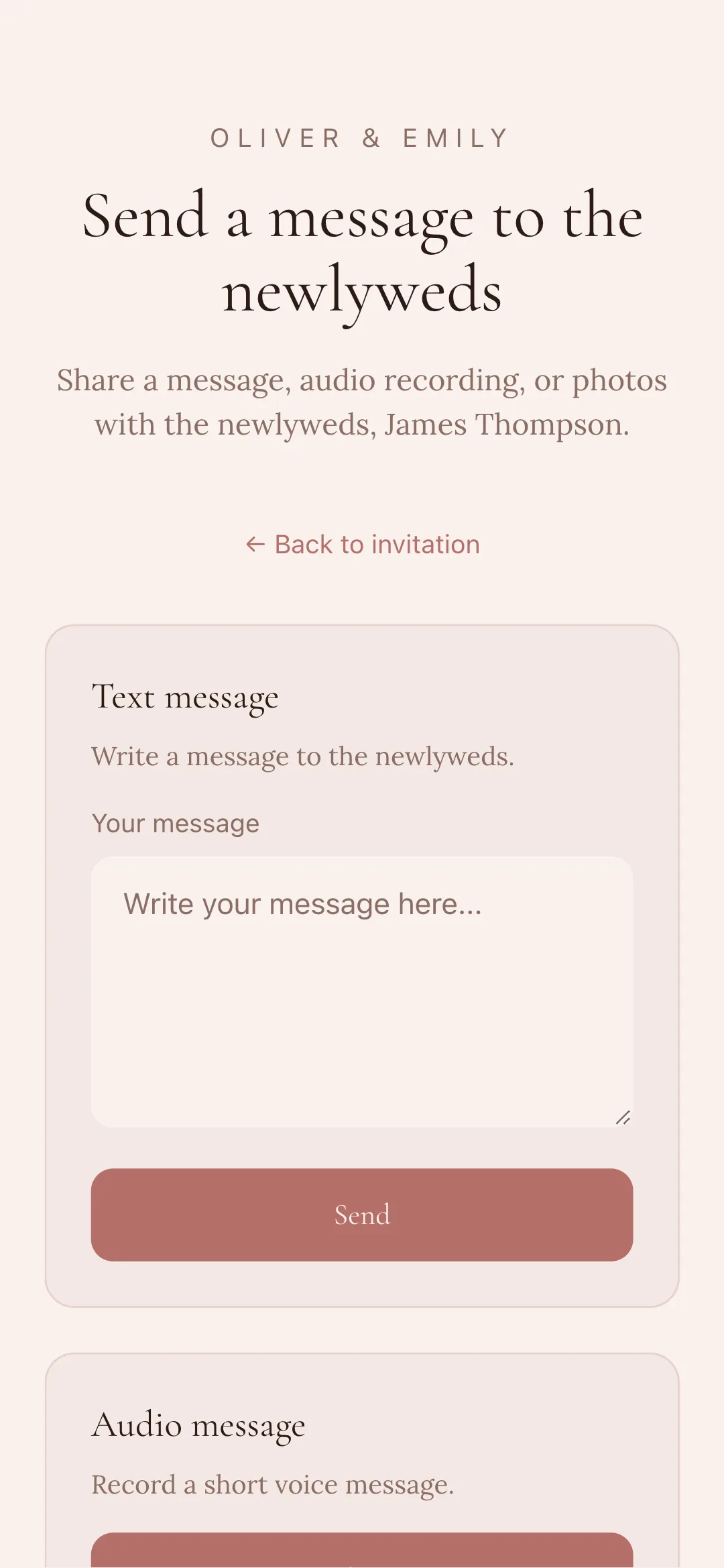 Screenshot of the guest message upload screen on a phone
