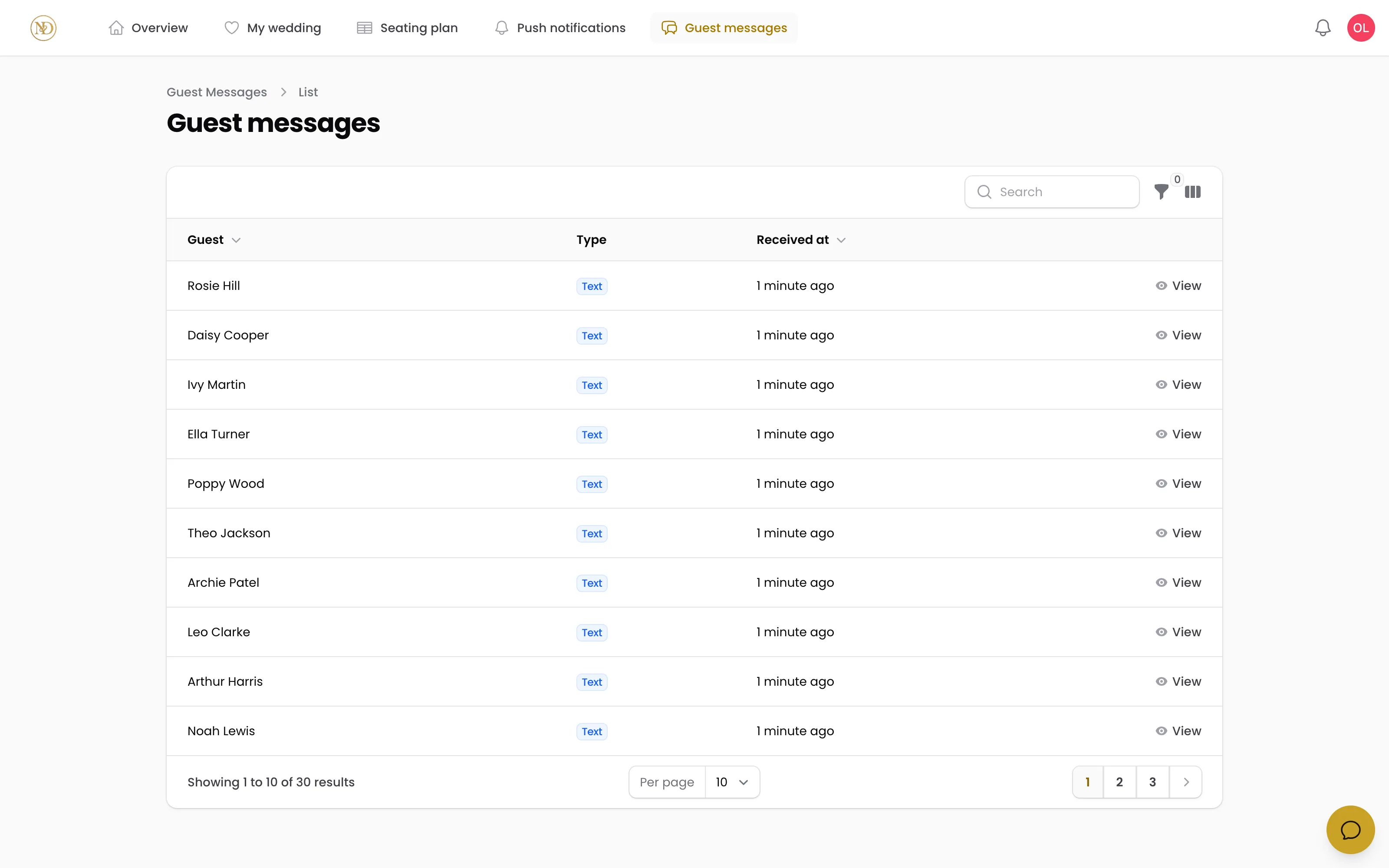 Screenshot of the guest messages inbox in the Nuptoria panel