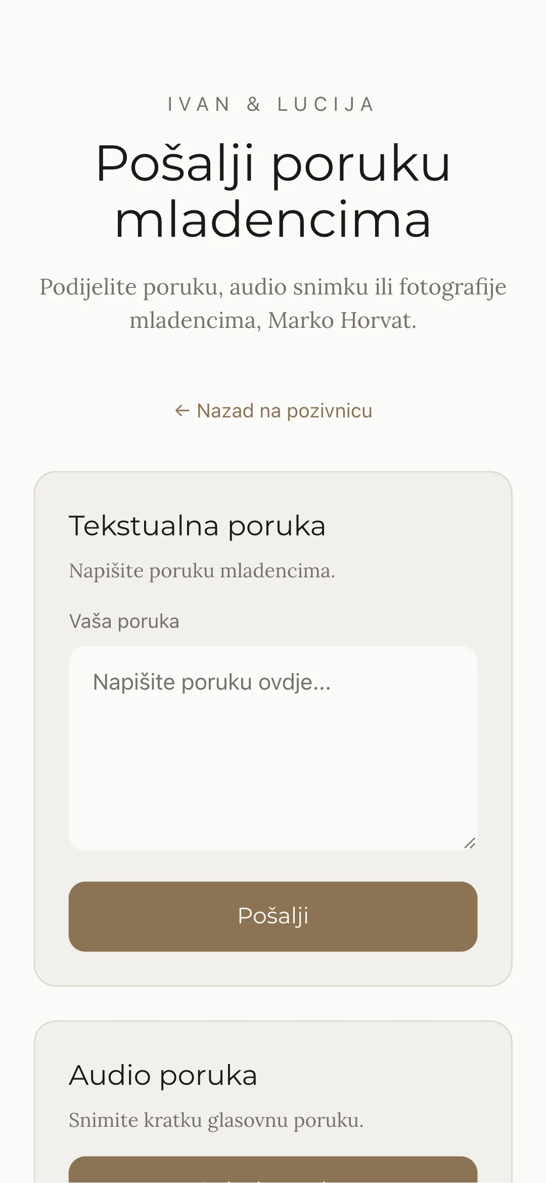 Screenshot stranice za slanje poruke gostiju na telefonu